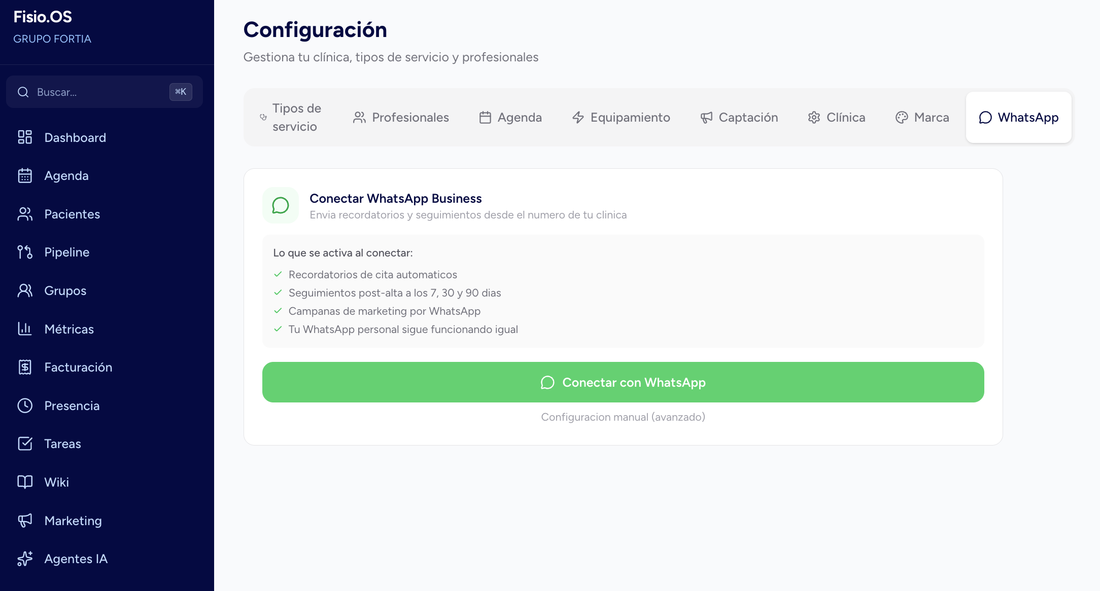 Configuración de seguimiento automático por WhatsApp en fisio.os